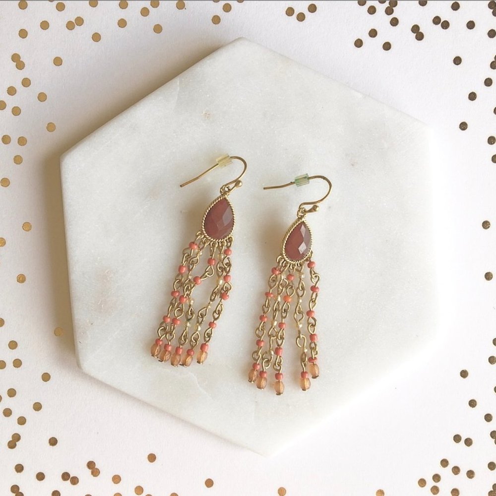 Bohemian goldtone coral beaded dangle earrings